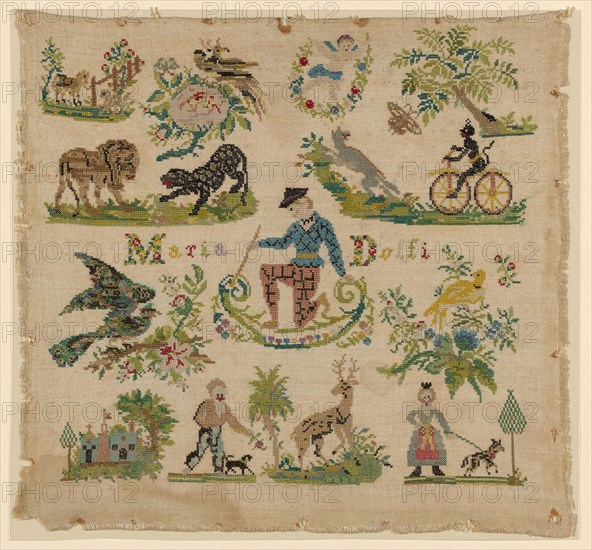 Sampler, Early/mid–19th century, Italy, Linen, plain weave, embroidered with silk in cross stitches, 35.5 x 38.0 cm (14 x 15 in.)