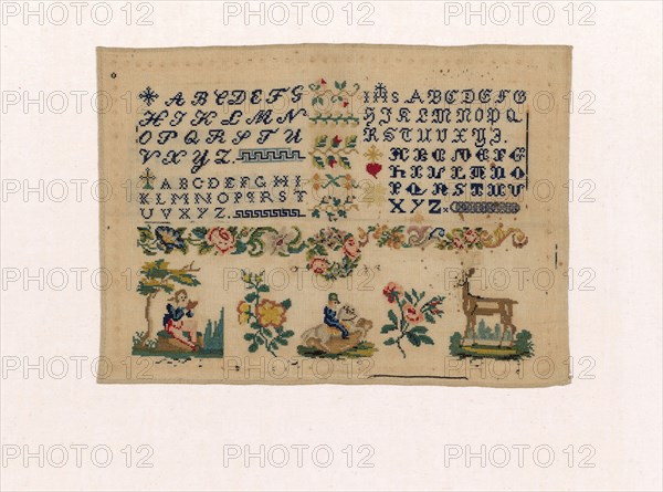 Sampler, 1801/75, Italy, Cotton, plain weave, embroidered with silk in back, cross, and padded cross stitches, 27.9 x 38.5 cm (11 x 15 1/8 in.)