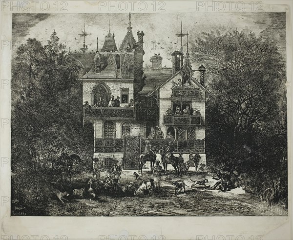 Departure for the Hunt, 1869, Rodolphe Bresdin, French, 1825-1885, France, Etching on ivory wove varnished paper, laid down on gray card, 342 × 253 mm (image), 298 × 359 mm (sheet)