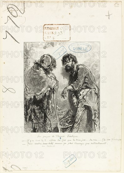 Les Propos de Thomas Vireloque: Under the Roof of Heavens, 1852, Paul Gavarni, French, 1804-1866, France, Lithograph in black on cream wove paper, 190 × 159 mm (image), 355 × 252 mm (sheet), Saint Aloyn, n.d., Cornelis Visscher, the Elder, Netherlandish, c. 1520-1586, Netherlands, Engraving on paper, 442 x 314 mm (image/plate), 516 x 341 mm (sheet), The Bohemian Woman, n.d., Cornelis Visscher, the Elder, Netherlandish, c. 1520-1586, Netherlands, Engraving on paper, 377 x 316 mm (sheet), The  Second Bohemian, n.d., Cornelis Visscher, the Elder, Netherlandish, c. 1520-1586, Netherlands, Engraving on paper, 376 x 275 mm (sheet), Susanna and the Elders, n.d., Cornelis Visscher, the Elder, Netherlandish, c. 1520-1586, Netherlands, Engraving on paper, 321 x 385 mm (plate/image), 345 x 400 mm (sheet), Saint Boniface, n.d., Cornelis Visscher, the Elder, Netherlandish, c. 1520-1586, Netherlands, Engraving on paper, 442 x 311 mm (image/plate), 497x 360 mm (sheet), Customers and Courtesans Stroll...