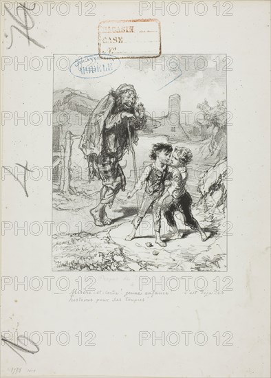 Les Propos de Thomas Vireloque: Misere et corde, quarrel for tops, 1852–53, Paul Gavarni, French, 1804-1866, France, Lithograph in black on ivory wove paper, 200 × 161 mm (image), 343 × 248 mm (sheet)