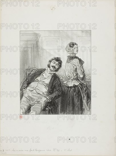 Husbands Always Make Me Laugh: Come, Mme. Rabat-joie, shut up, 1853, Paul Gavarni, French, 1804-1866, France, Lithograph in black on cream wove paper, 191 × 160 mm (image), 352 × 260 mm (sheet)