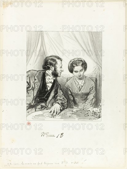 Husbands Always Make Me Laugh: How badly you lie, my dear, 1853, Paul Gavarni, French, 1804-1866, France, Lithograph in black on cream wove paper, 191 × 161 mm (image), 354 × 261 mm (sheet)