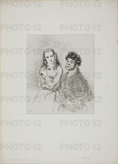 Untitled (Father and Daughter), n.d., Paul Gavarni, French, 1804-1866, France, Lithograph in black on light gray China paper laid down on ivory wove paper, 193 × 164 mm (image/chine), 399 × 285 mm (sheet)