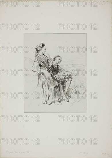 Untitled (Two Basque Girls), n.d., Paul Gavarni, French, 1804-1866, France, Lithograph in black on light gray China paper laid down on ivory wove paper, 211 × 161 mm (image/chine), 399 × 286 mm (sheet)