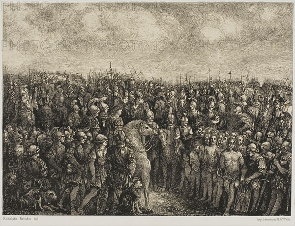 Caesar and His Prisoners, 1878, Rodolphe Bresdin, French, 1825-1885, France, Lithograph on cream China paper laid down on white wove paper, 157 × 212 mm (image/chine), 243 × 178 mm (stone), 450 × 345 mm (sheet)