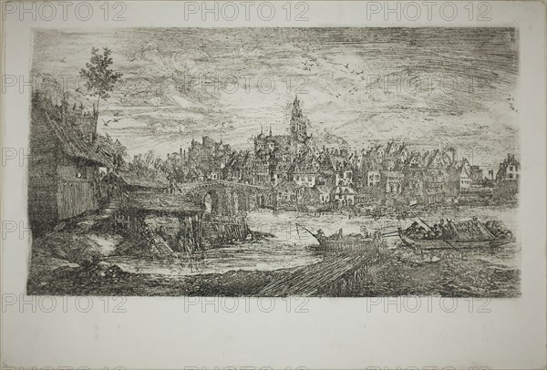 City with Stone Bridge, 1865, Rodolphe Bresdin, French, 1825-1885, France, Etching on white wove paper, 118 × 212 mm (image), 162 × 240 mm (plate/sheet)