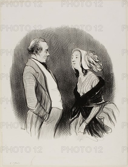 The Engagement of an Artist., So you want an engagement in my theatre….. very well Mademoiselle…… since you are so pretty, it will be 1200 Francs…. that’s of course what you will be paying me each year!, I accept… under the condition that I will not get a raise!, plate 72 from Les Beaux Jours De La Vie, 1845, Honoré Victorin Daumier, French, 1808-1879, France, Lithograph in black on white wove paper, 245 × 232 mm (image), 349 × 265 mm (sheet)