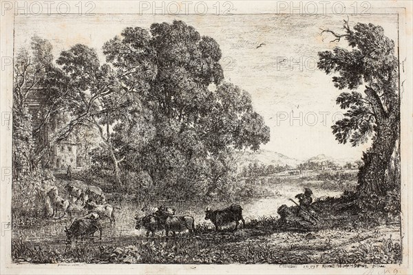 The Cowherd, 1636, Claude Lorrain, French, 1600-1682, France, Etching on ivory laid paper, 125 × 194 mm (image), 130 × 120 mm (plate), 139 × 209 mm (sheet)