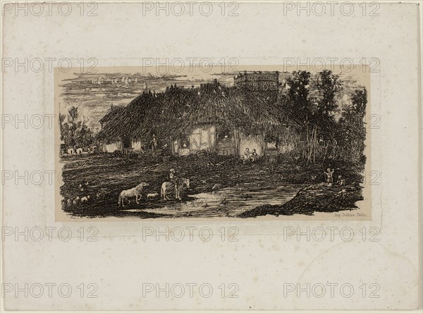 Farmyard, from Revue Fantaisiste, 1861, Rodolphe Bresdin, French, 1825-1885, France, Etching on cream China paper laid down on white wove paper, 90 × 169 mm (plate), 157 × 210 mm (sheet)