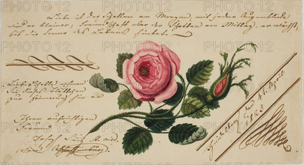 Untitled Valentine (Pink Flower), 1825, Unknown Artist, German, 19th century, Germany, Watercolor and pen and brown ink on buff wove paper, 78 x 142 mm (folded sheet)