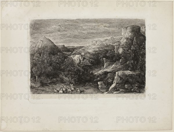 Bathers in a Mountain Pool, 1865, Rodolphe Bresdin, French, 1825-1885, France, Etching and roulette on ivory China paper laid down on white wove paper, 159 × 243 mm (image), 180 × 251 mm (plate), 275 × 361 mm (sheet)