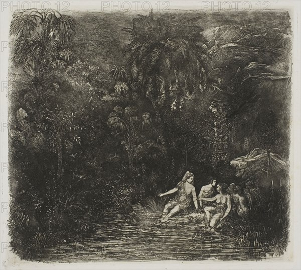 The Bathers beneath the Palms, 1871, Rodolphe Bresdin, French, 1825-1885, France, Etching on ivory China paper laid down on white wove paper, 137 × 124 mm (image), 128 × 140 mm (plate), 270 × 360 mm (sheet)