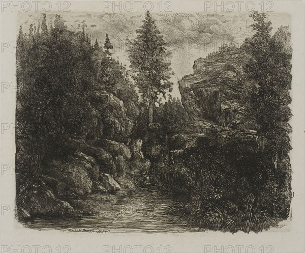 Rocky Landscape, 1880, Rodolphe Bresdin, French, 1825-1885, France, Etching on off-white China paper laid down on white wove paper, 118 × 148 mm (image), 135 × 164 mm (chine), 139 × 170 mm (plate), 450 × 315 mm (sheet)