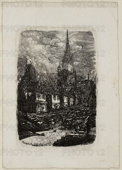 Fishing Port with Pointed Belltower, 1865, Rodolphe Bresdin, French, 1825-1885, France, Etching on white wove paper, 164 × 108 mm (plate), 223 × 158 mm (sheet)