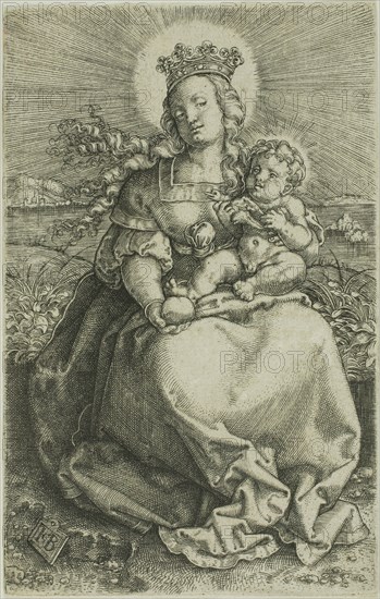 The Virgin on the Grassy Bank, 1520/69, Jacob Binck, German, c. 1500-1569, Germany, Engraving in black on ivory laid paper, 129 × 81 mm (image/plate/sheet)