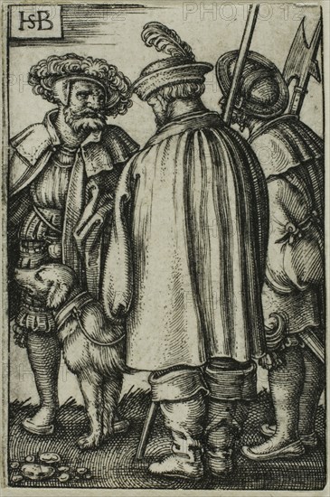 Three Soldiers and a Dog, n.d., Sebald Beham, German, 1500-1550, Germany, Engraving in black on ivory laid paper, 45 × 29 mm (image/plate), 45 × 29.5 mm (sheet)