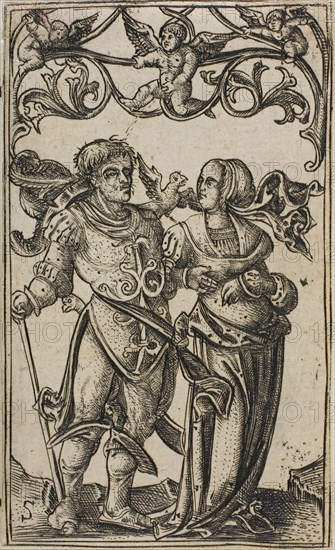 Lady and Gentleman Walking to the Right, 1500/25, Master S, Netherlandish, active 1516-1545, Netherlands, Engraving in black on ivory laid paper, 67 x 40 mm (image/plate)