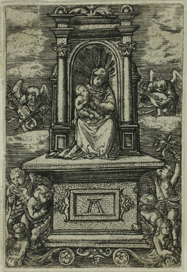 ‘The Beautiful Virgin of Regensburg’ with the Child on a Throne, Surrounded by Angels with Musical Instruments, 1519/20, Albrecht Altdorfer, German, c.1480-1538, Germany, Engraving in black on ivory laid paper, 60 × 40 mm (image)