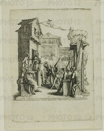 Jesus Before Caiaphas, from The Small Passion, 1624/31, Jacques Callot, French, 1592-1635, France, Etching on ivory laid paper, 76.5 × 57 mm