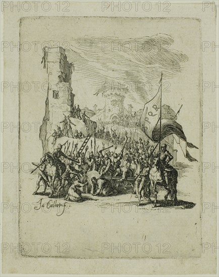 Christ Carrying the Cross, from The Small Passion, 1624/31, Jacques Callot, French, 1592-1635, France, Etching on ivory laid paper, 78 × 59 mm