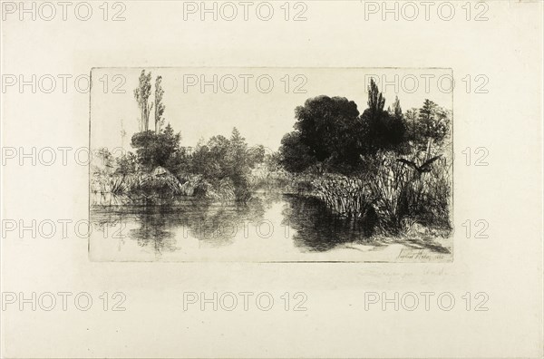 Shere Mill Pond, No. II (large plate), 1860, Francis Seymour Haden, English, 1818-1910, England, Etching with drypoint on ivory Japanese paper, 179 × 335 mm (image/plate), 330 × 497 mm (sheet)