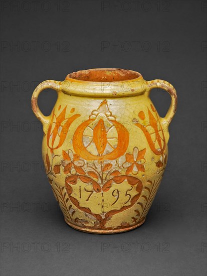 Jar, 1795, American, 18th/19th century, Southeastern Pennsylvania, Pennsylvania, Redware, 18.2 × 17.8 × 15.6 cm (7 3/8 × 7 × 6 1/8 in.)