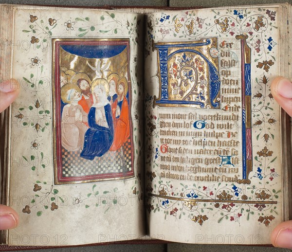Book of Hours, c. 1420 (20th century binding), Netherlandish (Utrecht), 15th century, Netherlands, Manuscript with 259 folios, six miniatures and other decorations in tempera and gold leaf, with Dutch inscriptions in littera textualis, in blackish brown ink, ruled in graphite, on parchment, in a modern binding of brown morocco over wooden boards, with stamped designs on the endbands, and with machine cut edges, marbled in red and blue, 130 x 100 mm (sheets)