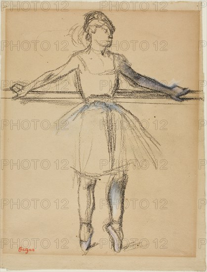Dancer at the Bar (on Point), c. 1885, Edgar Degas, French, 1834-1917, France, Charcoal with pastel and estompe on tan laid paper, 320 × 244 mm