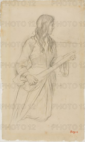 Young Woman Playing a Mandolin, Study for Portrait of Mlle. Fiocre in the Ballet La Source, 1866/68, Edgar Degas, French, 1834-1917, France, Graphite on ivory laid paper, 355 × 213 mm