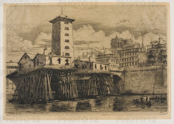 La Pompe Notre-Dame, Paris, 1852, Charles Meryon, French, 1821-1868, France, Etching with drypoint on tan laid chine, hinged to ivory laid paper, 172 × 253 mm (image), 172 × 253 mm (plate), 182 × 260 mm (primary support), 231 × 320 mm (secondary support)