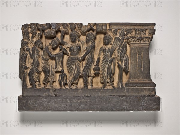 The Birth and the First Seven Steps of the Buddha, Kushan period, about 2nd/3rd century, Pakistan, Present-day Khyber Pakhtunkhwa Province, ancient region of Gandhara, Gandhara, Phyllite, 27.3 × 52.1 × 10.8 cm (10 3/4 × 20 1/2 × 4 1/4 in.)