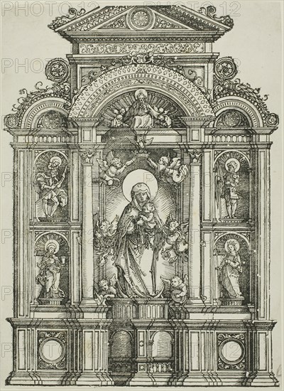 Altarpiece with the Beautiful Virgin of Regensburg and Saints Christopher, Mary Magdalen, Florian and Catherine Standing in Niches, with God the Father Above, 1519/38, Albrecht Altdorfer, German, c.1480-1538, Germany, Woodcut in black on cream laid paper, 302 × 220 mm (image/block/sheet)