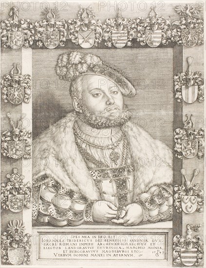 Elector John Frederick the Magnanimous of Saxony, 1543, Georg Pencz, German, c.1500-1550, Germany, Engraving in black on ivory laid paper, 400 × 309 mm (image), 404 × 312 mm (sheet)