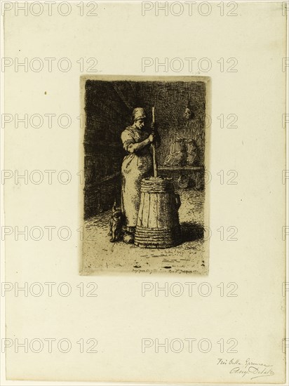 A Woman Churning, 1855, Jean François Millet (French, 1814-1875), printed by Auguste Delâtre (French, 1822-1907), France, Etching and drypoint in dark brown on ivory laid paper, 178 × 117 mm (image/plate), 336 × 250 mm (sheet)