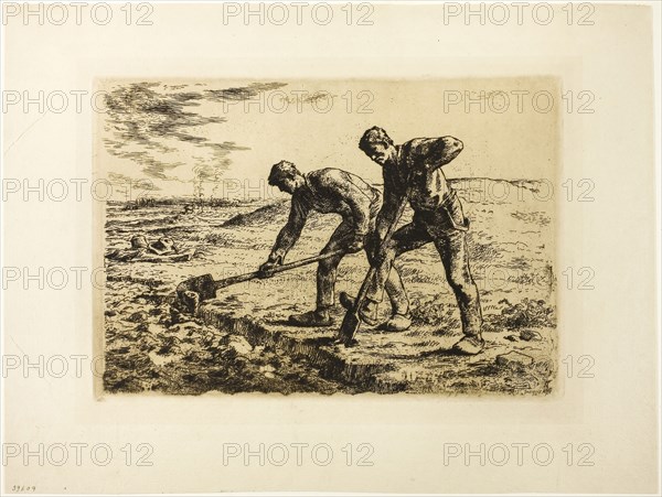 Two Men Digging, 1855–56, Jean François Millet (French, 1814-1875), printed by Auguste Delâtre (French, 1822-1907), France, Etching in dark brown ink on cream laid paper, 237 × 337 mm (image/plate), 354 × 468 mm (sheet)