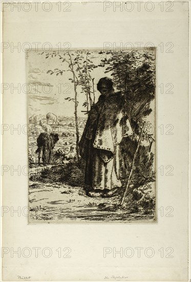 The Shepherdess Knitting, 1862, Jean François Millet, French, 1814-1875, France, Etching on ivory laid paper, 317 × 236 mm (image/plate), 500 × 335 mm (sheet)