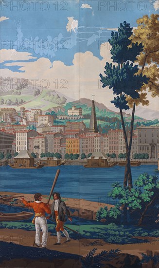 Two Joined Panels: The Views of Lyon, First edition, 1821, France, Paris, France, Block-printed, color on paper, 170.2 × 103.5 cm (67 × 40 3/4 in.)