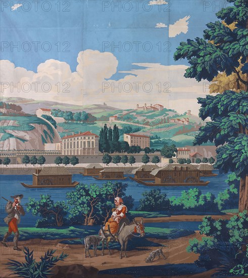 Three Joined Panels: The Views of Lyon, First edition, 1821, France, Paris, France, Block-printed, color on paper, 170.2 × 154.9 cm (67 × 61 in.)