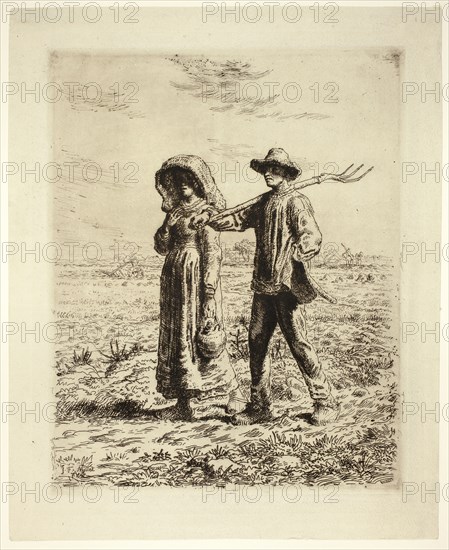 Peasants Going to Work, 1863, Jean François Millet (French, 1814-1875), printed by Auguste Delâtre (French, 1822-1907), France, Etching and drypoint on warm grayish wove paper, 384 × 308 mm (image/plate), 457 × 372 mm (sheet)