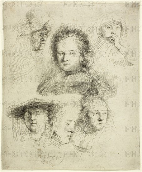 Studies of the Head of Saskia and Others, 1636, Rembrandt van Rijn, Dutch, 1606-1669, Holland, Etching on white laid paper, 154 x 127 mm (sheet, trimmed to platemark)