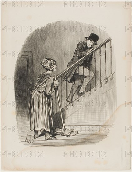 Is my Wife at home? Yes, monsieur, and your cousin too…, plate 4 from Tout ce qu’on voudra, 1847, Honoré Victorin Daumier (French, 1808-1879), later published in Le Charivari (French, 1832-1915), France, Lithograph in black on buff wove paper, 268 × 221 mm (image), 354 × 275 mm (sheet)