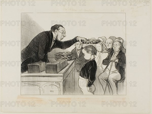 Mr. Jean-Joseph-Chaboulard… first prize for good health!, plate 28 from Professeurs et Moutards, 1846, Honoré Victorin Daumier (French, 1808-1879), printed by Aubert & Cie. (French, active 19th century), later published in Le Charivari (French, 1832-1915), France, Lithograph in black on white wove paper, 190 × 243 mm (image), 263 × 343 mm (sheet)