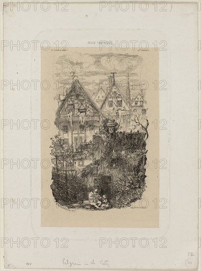 The Neighborhood, from Revue Fantaisiste, 1861, Rodolphe Bresdin, French, 1825-1885, France, Etching on cream China paper laid down on white wove paper, 144 × 95 mm (chine), 167 × 111 mm (plate), 211 × 154 mm (sheet)