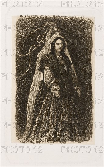 Woman in Fantastic Medieval Costume, n.d., Rodolphe Bresdin, French, 1825-1885, France, Etching on cream China paper, laid down on white wove paper, 103 × 65 mm (plate), 213 × 153 mm (sheet)