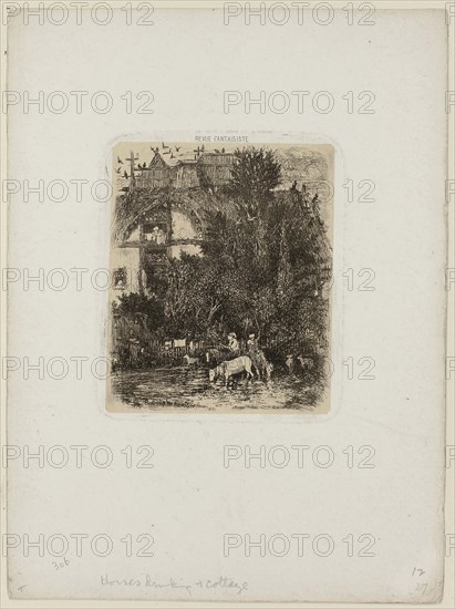 The House with the Curved Façade, from Revue Fantaisiste, 1861, Rodolphe Bresdin, French, 1825-1885, France, Etching on cream China paper laid down on white wove paper, 108 × 91 mm (plate), 222 × 163 mm (sheet)