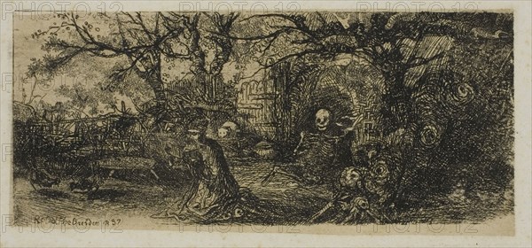 St. Anthony and Death, 1837, Rodolphe Bresdin, French, 1825-1885, France, Etching on cream China paper laid down on white wove paper, 97 × 42 mm (image), 105 × 50 mm (sheet)