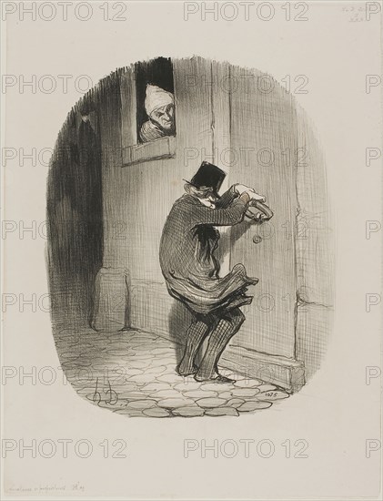 Past Midnight, plate 19 from Locataires et Propriétaires, 1847, Honoré Victorin Daumier (French, 1808-1879), printed by Aubert & Cie. (French, active 19th century), later published in Le Charivari (French,1832-1915), France, Lithograph in black on ivory wove paper, 264 × 214 mm (image), 358 × 274 mm (sheet)