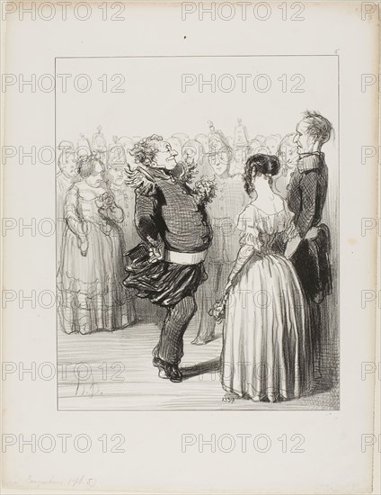 Rifolard opens the ball and executes a bold dancing step forward, which receives widespread praise, plate 5 from Les Banqueteurs, 1848, Honoré Victorin Daumier, French, 1808-1879, France, Lithograph in black on white wove paper, 260 × 207 mm (image), 358 × 274 mm (sheet)