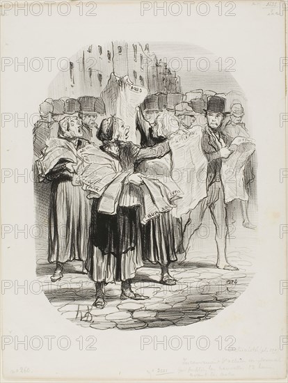 The Disadvantage of Buying a Newspaper That is Publishing the News Twelve Hours Before the others., How come I buy your paper and cannot find the news of today?, Sir, today’s news was in yesterday’s paper, plate 139 of Actualités, 1848, Honoré Victorin Daumier, French, 1808-1879, France, Lithograph in black on white wove paper, 268 × 207 mm (image), 348 × 262 mm (sheet)